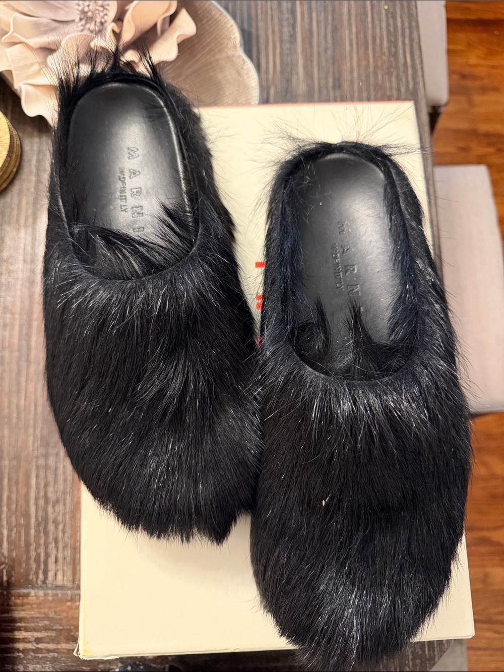 Faux Pony Hair Mules.